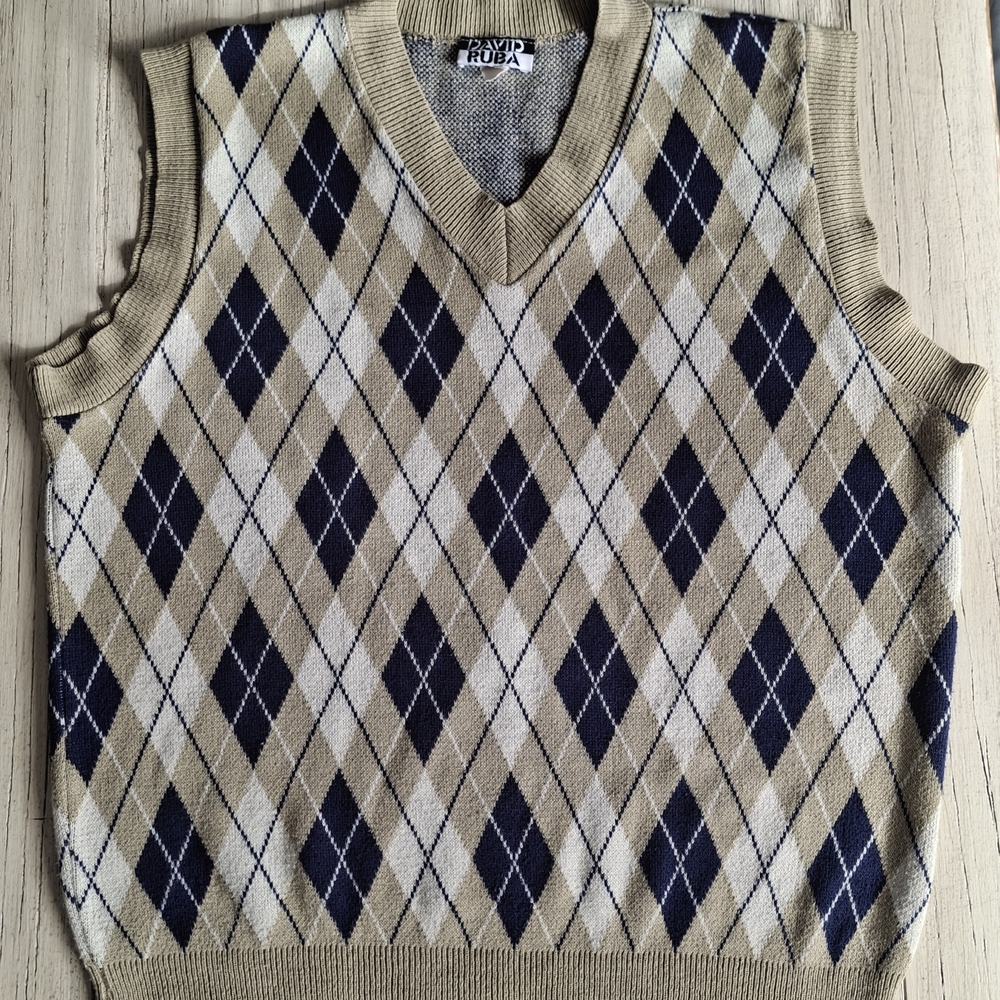 💋Vintage David Ruba Sweater Men's Argyle Sweater Vest - Tan and Black💋